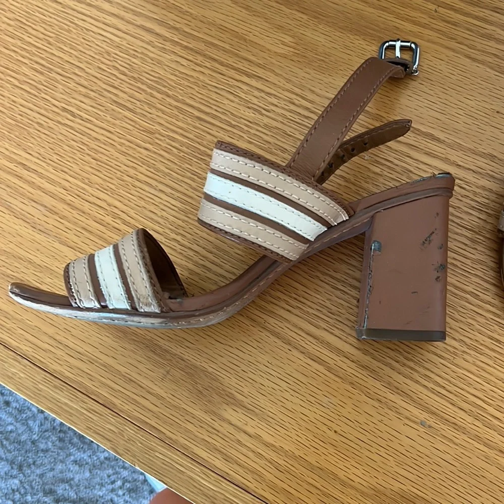 Coach Princeton Leather Strappy Slingback Sandal Tan Brown Stripe Block Heel